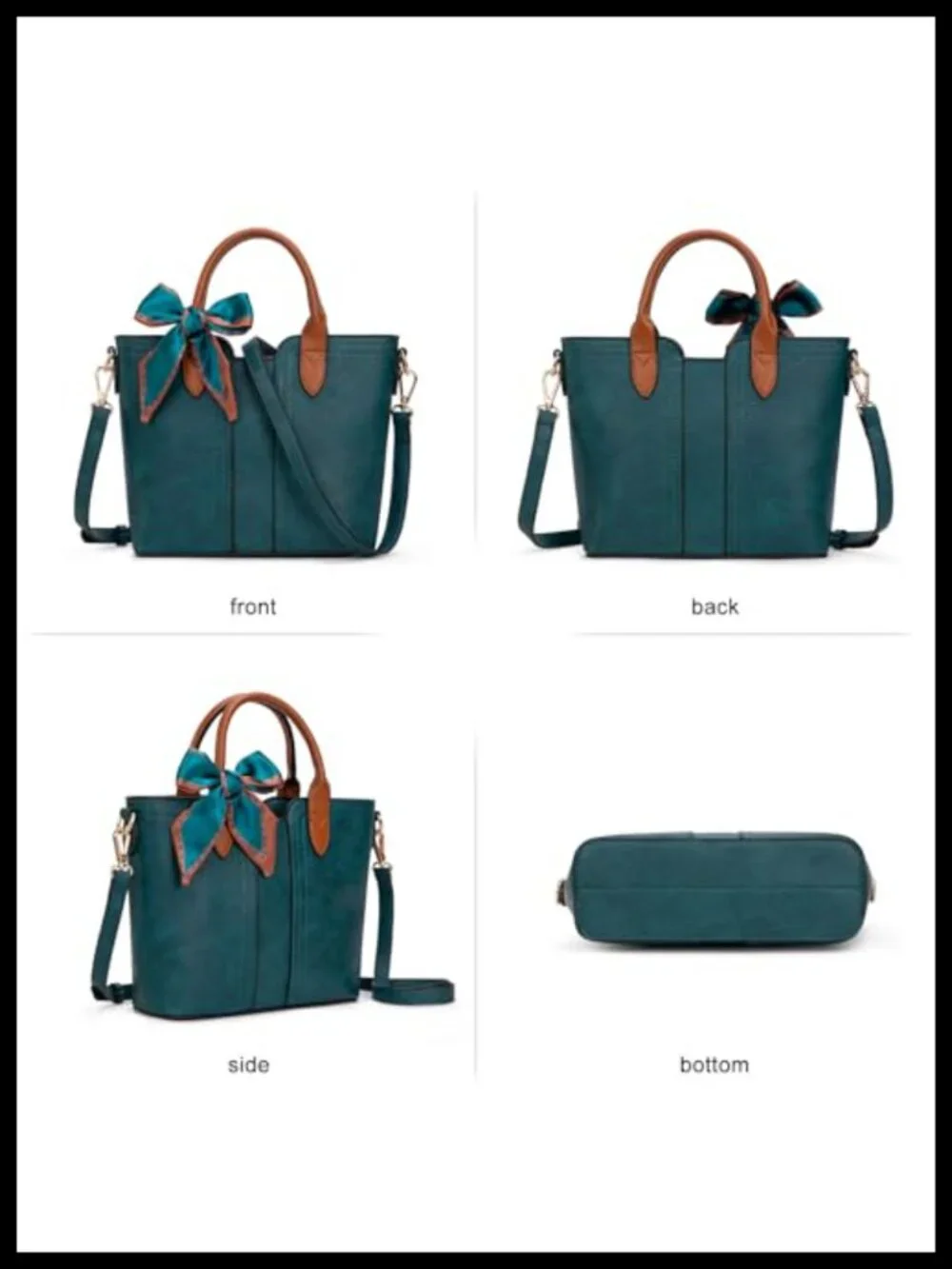 Vegan Leather Satchel Handbag with Detachable Strap, Top Handles, Bow Scarf